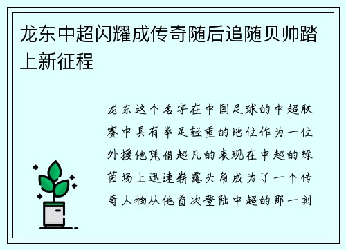 龙东中超闪耀成传奇随后追随贝帅踏上新征程