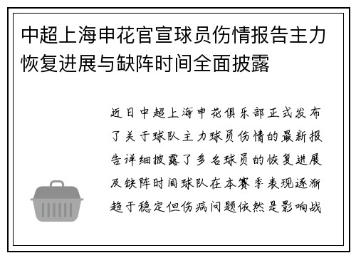 中超上海申花官宣球员伤情报告主力恢复进展与缺阵时间全面披露